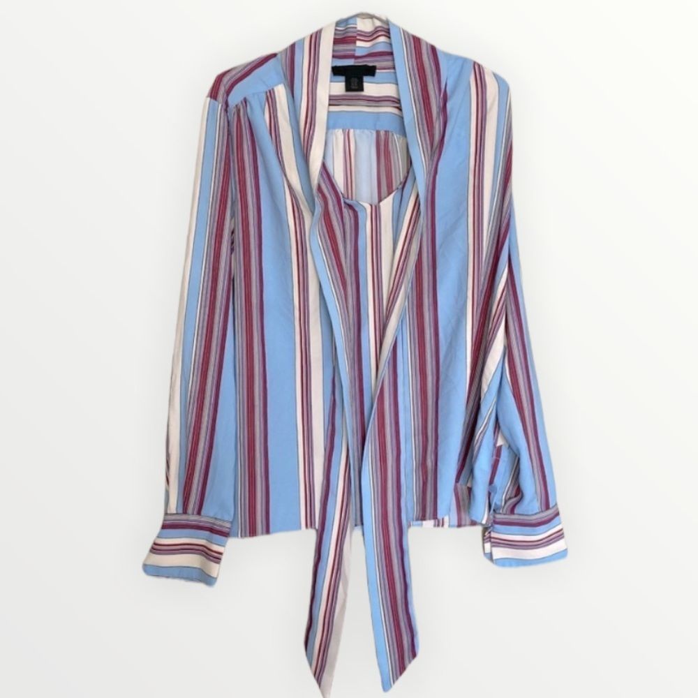 Madison Cinqcent Collared Tie-Front Striped Blouse Size Medium